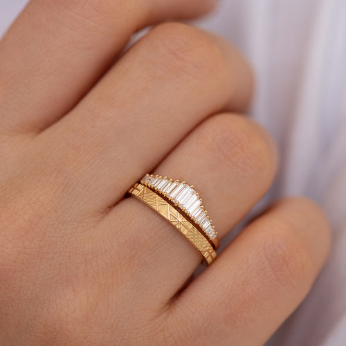 Baguette Diamond Wedding Ring Set Detail Shot Up Close on Hand 