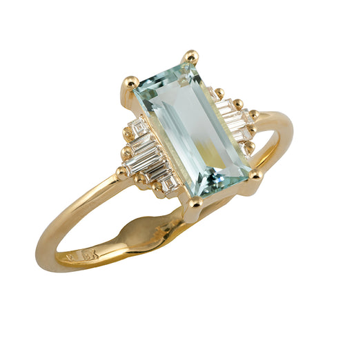 Baguette Cut Aquamarine Ring with Diamonds Close Up