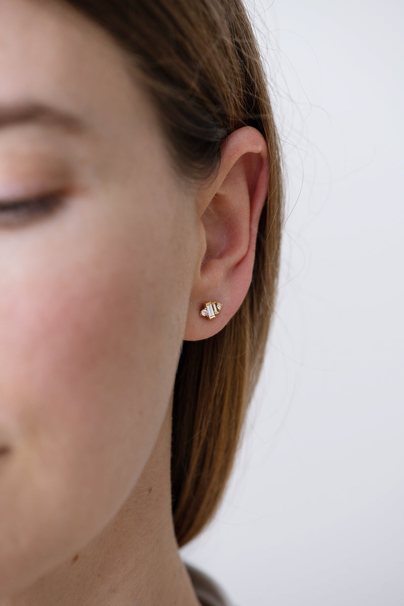 Baguette Diamond Earrings on Ear Front Shot 