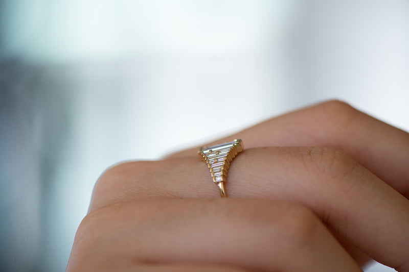 Baguette Diamond Ring with Gradient Diamonds and Gold Details on Hand side view 