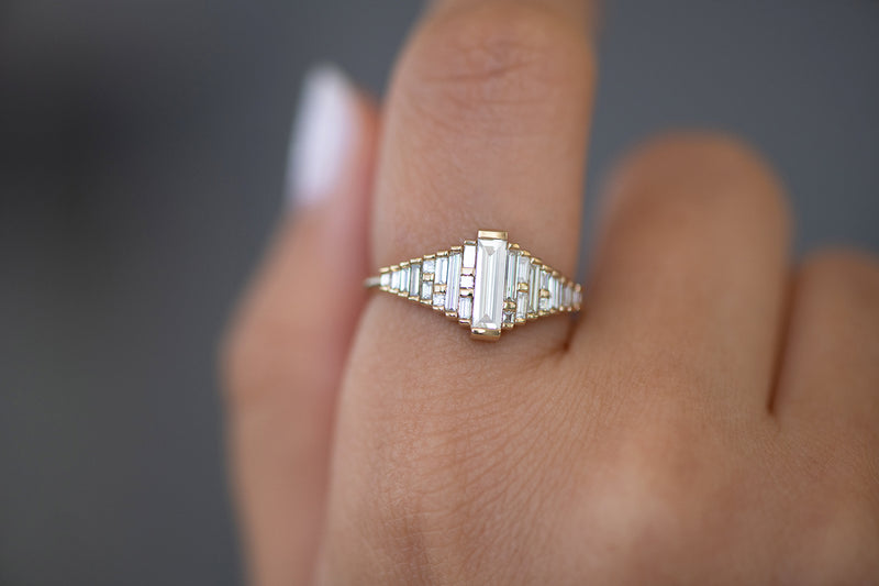 Baguette Diamond Ring with Gradient Diamonds and Gold Details on Hand detail shot 