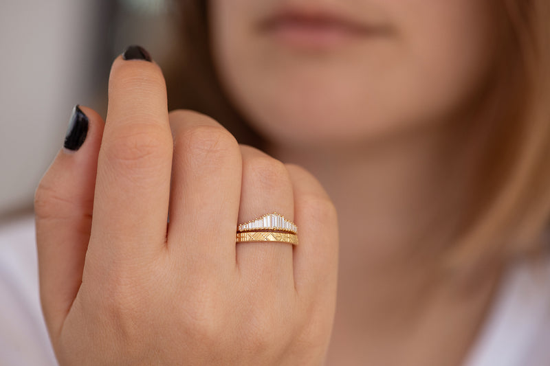 Baguette Diamond Wedding Ring Set on Hand Other Angle 