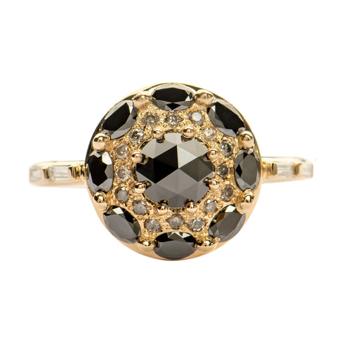 Black-Diamond-Mandala-Engagement-Ring-With-Baguette-Diamond-Band-closeup