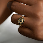 Black-Diamond-Mandala-Engagement-Ring-With-Baguette-Diamond-Band-shiny