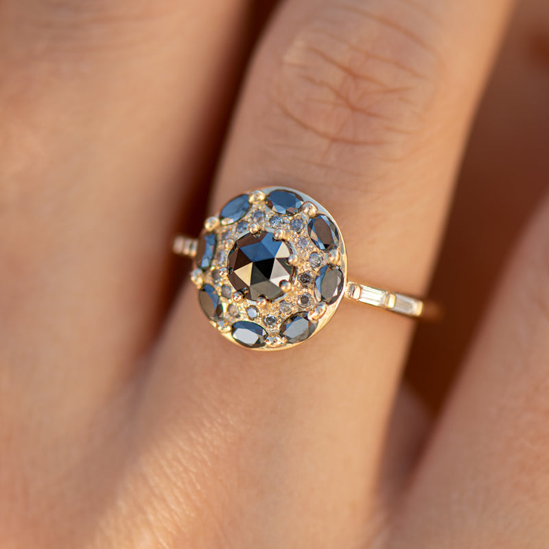    Black-Diamond-Mandala-Engagement-Ring-With-Baguette-Diamond-Band-top-shot-on-fingerBlack-Diamond-Mandala-Engagement-Ring-With-Baguette-Diamond-Band-top-shot-on-finger