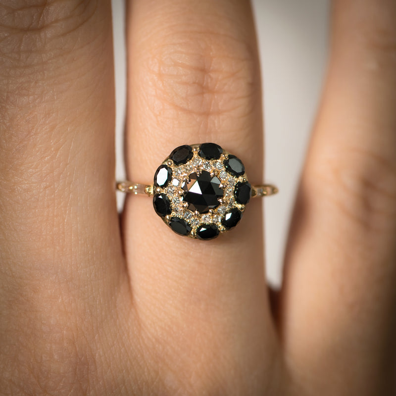 Black-Diamond-Mandala-Engagement-Ring-With-Baguette-Diamond-Band-top-shot