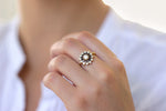 Black and White Diamond Engagement Ring - Flower Diamond Cluster Ring on Hand 