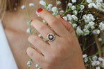 Black and White Diamond Engagement Ring - Flower Diamond Cluster Ring on Hand with White Flowers