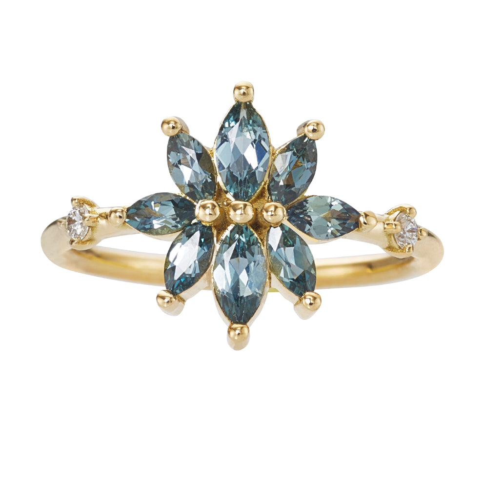 Bouquet-Engagement-Ring-with-Teal-Sapphire-and-Diamond-Petals-closeup