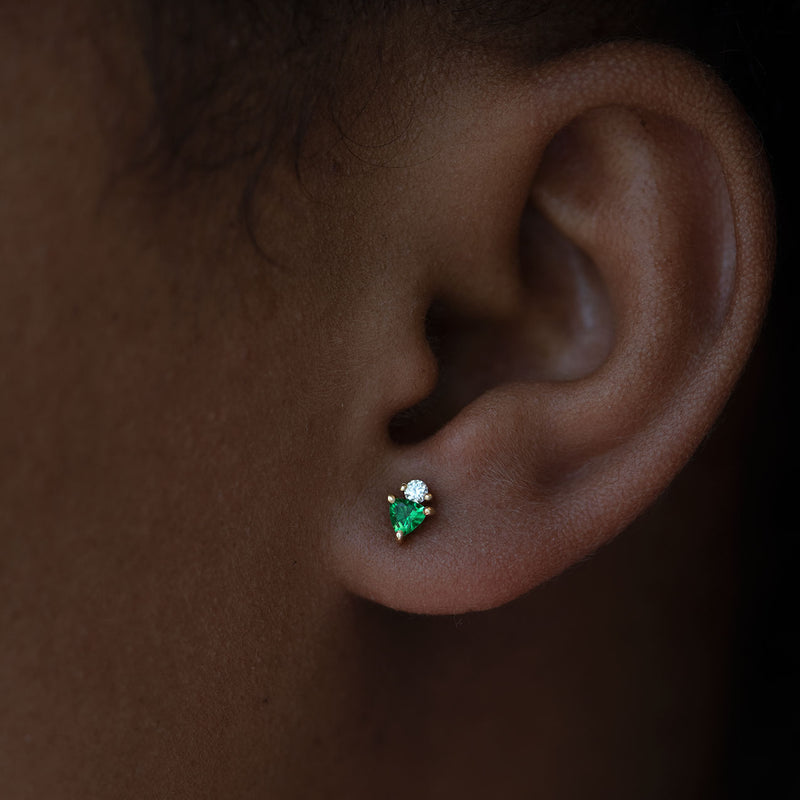 Bright Green Tsavorite Stud Earrings with Diamonds on model