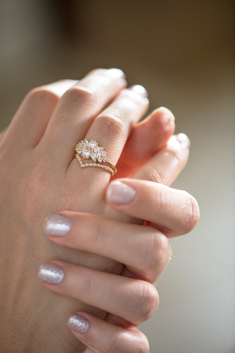Cluster Engagement Ring with Round Diamonds on Hand in Set
