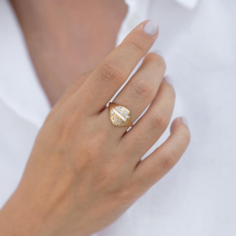 Signet Diamond Ring with Super Long Baguette Diamond - OOAK/Limited Edition on shirt