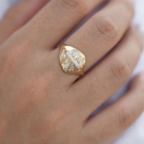 Signet Diamond Ring with Super Long Baguette Diamond - OOAK/Limited Edition on finger
