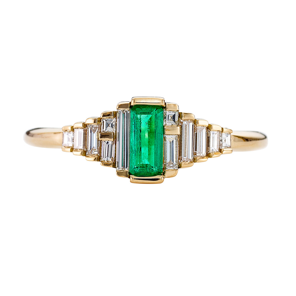 Dainty Emerald Engagement Ring With Needle Baguette Diamonds – Artemer