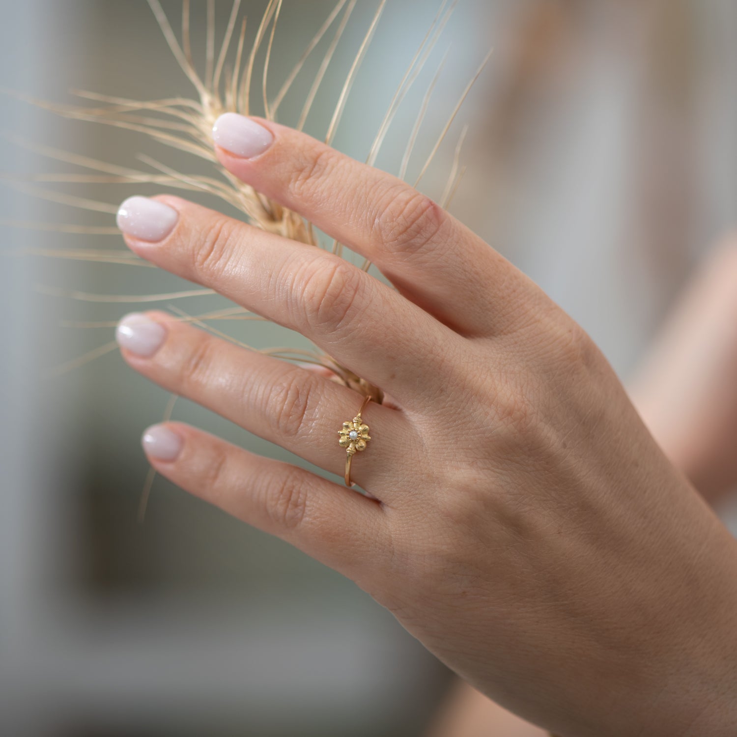 flower pearl seed ring Dainty Gold Flower Ring