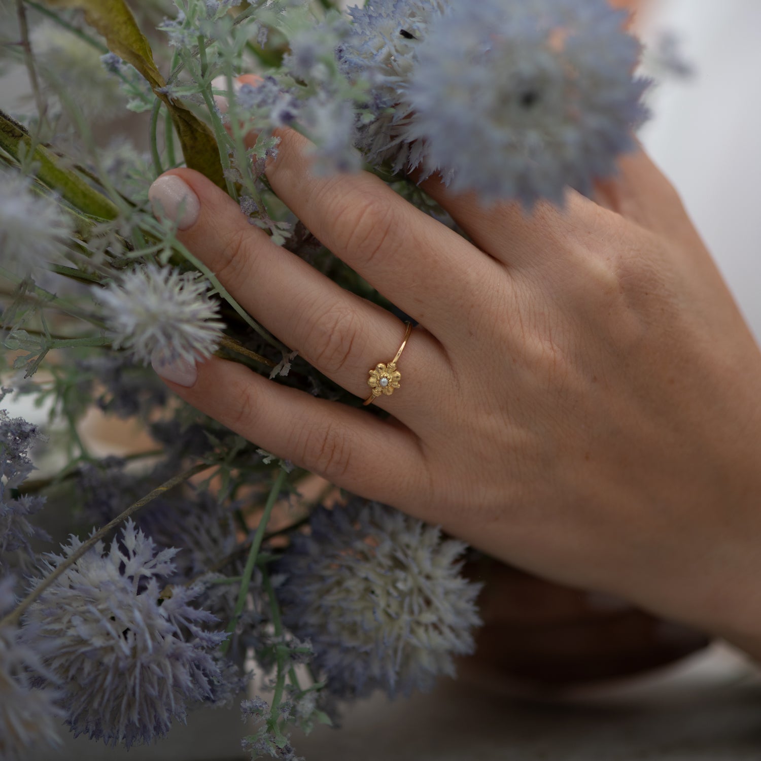 flower pearl seed ring Dainty Gold Flower Ring