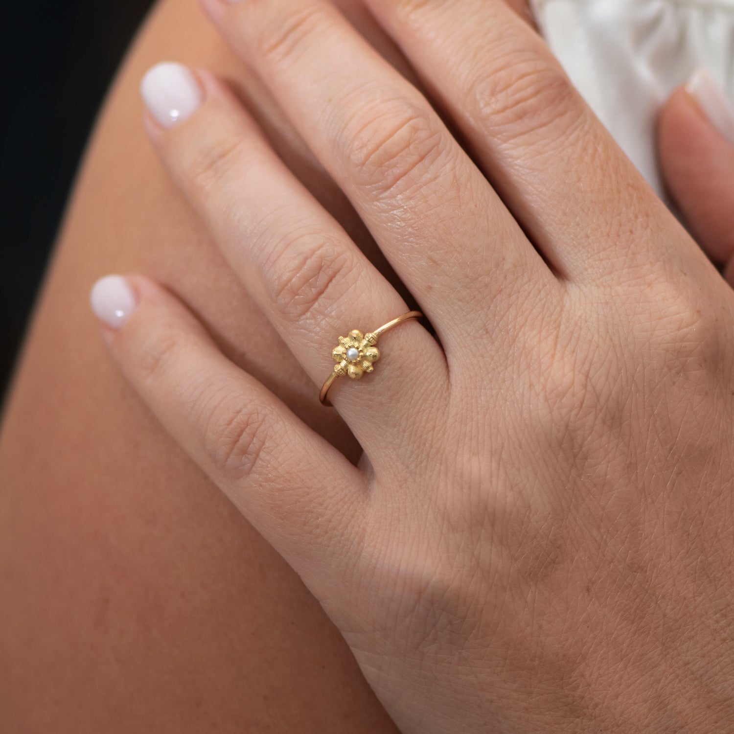 flower pearl seed ring Dainty Gold Flower Ring