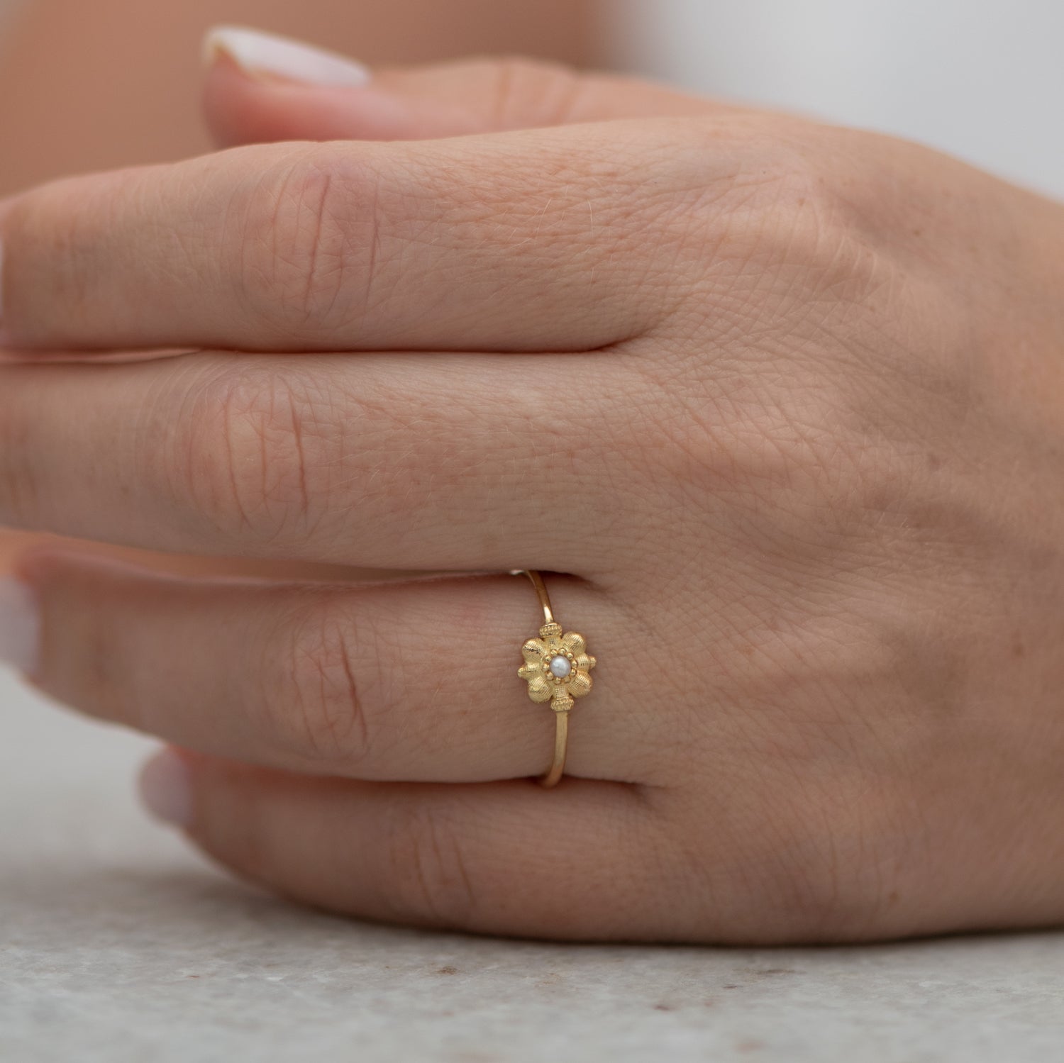 Dainty Gold Flower Ring - Seed Pearl Ring