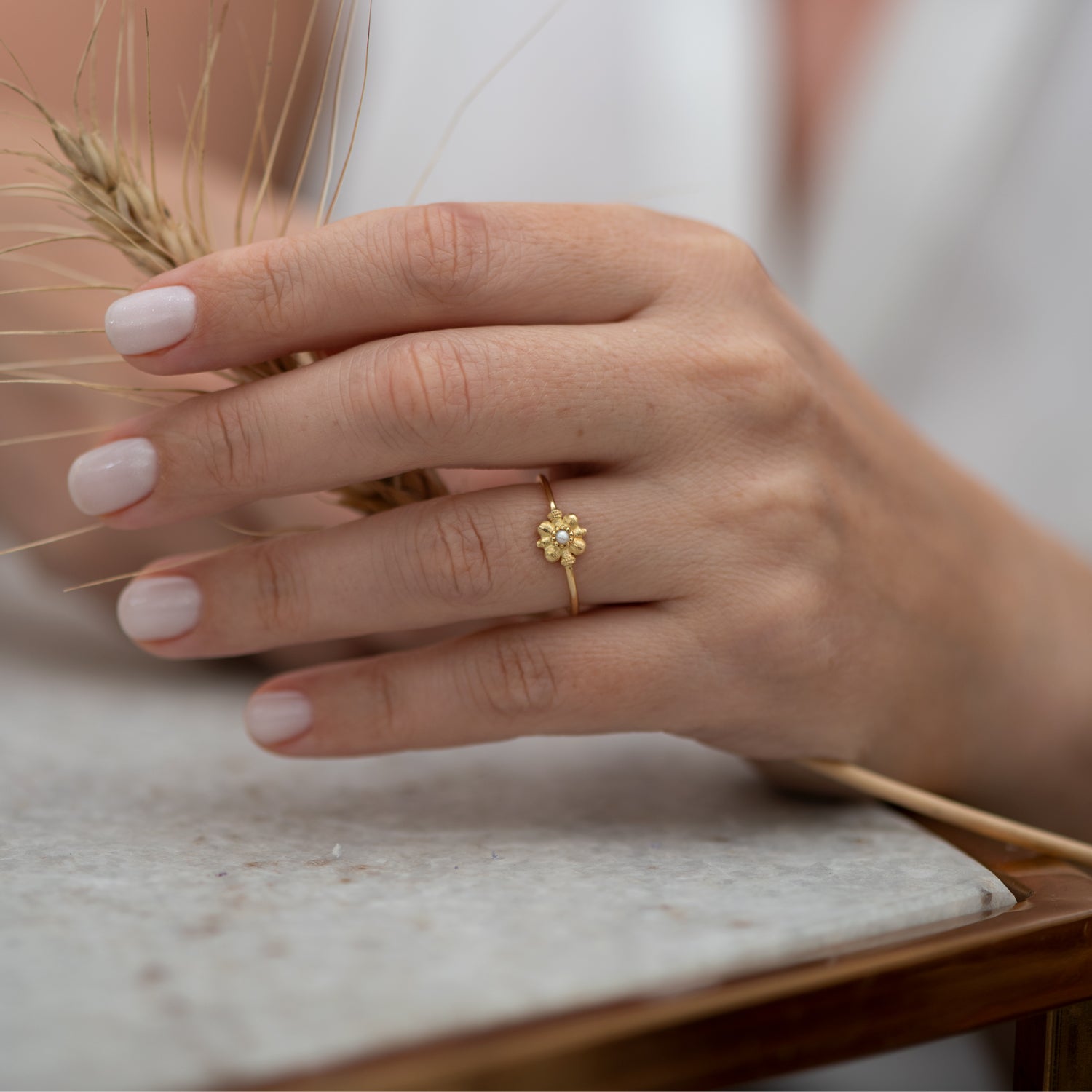 Dainty Gold Flower Ring - Seed Pearl Ring