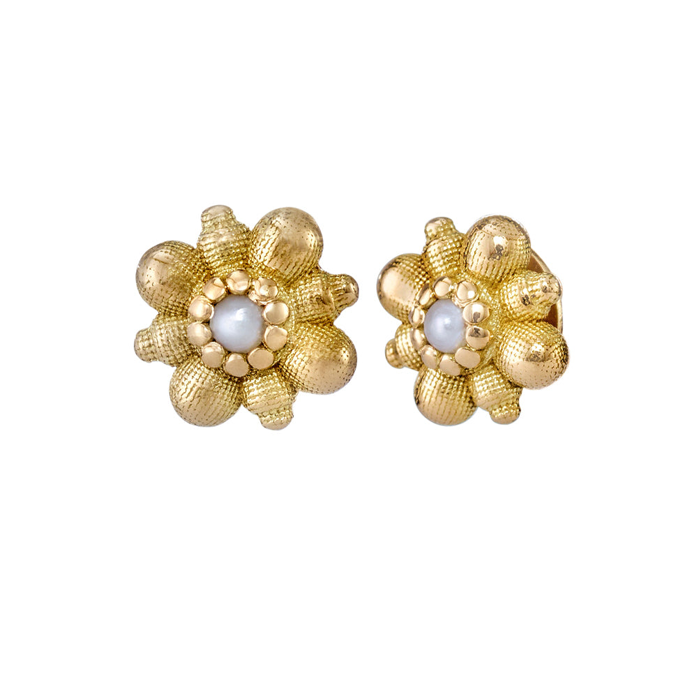Dainty Gold Flower Stud Earrings with White Seed Pearl