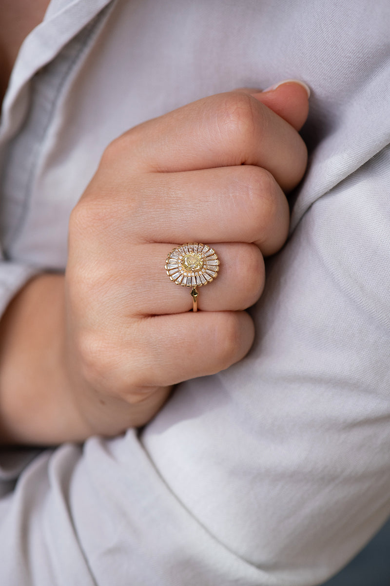 Daisy Engagement Ring - Fancy Yellow Diamond and Baguette Diamond Ring Alternate Angle on Hand 