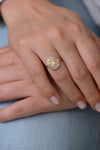 Daisy Engagement Ring - Fancy Yellow Diamond and Baguette Diamond Ring on Hand Other View on Jeans 