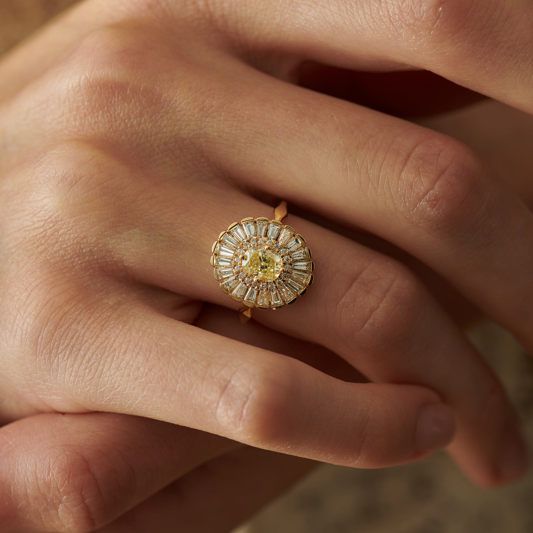 Daisy Engagement Ring   Fancy Yellow Diamond and Baguette Diamond