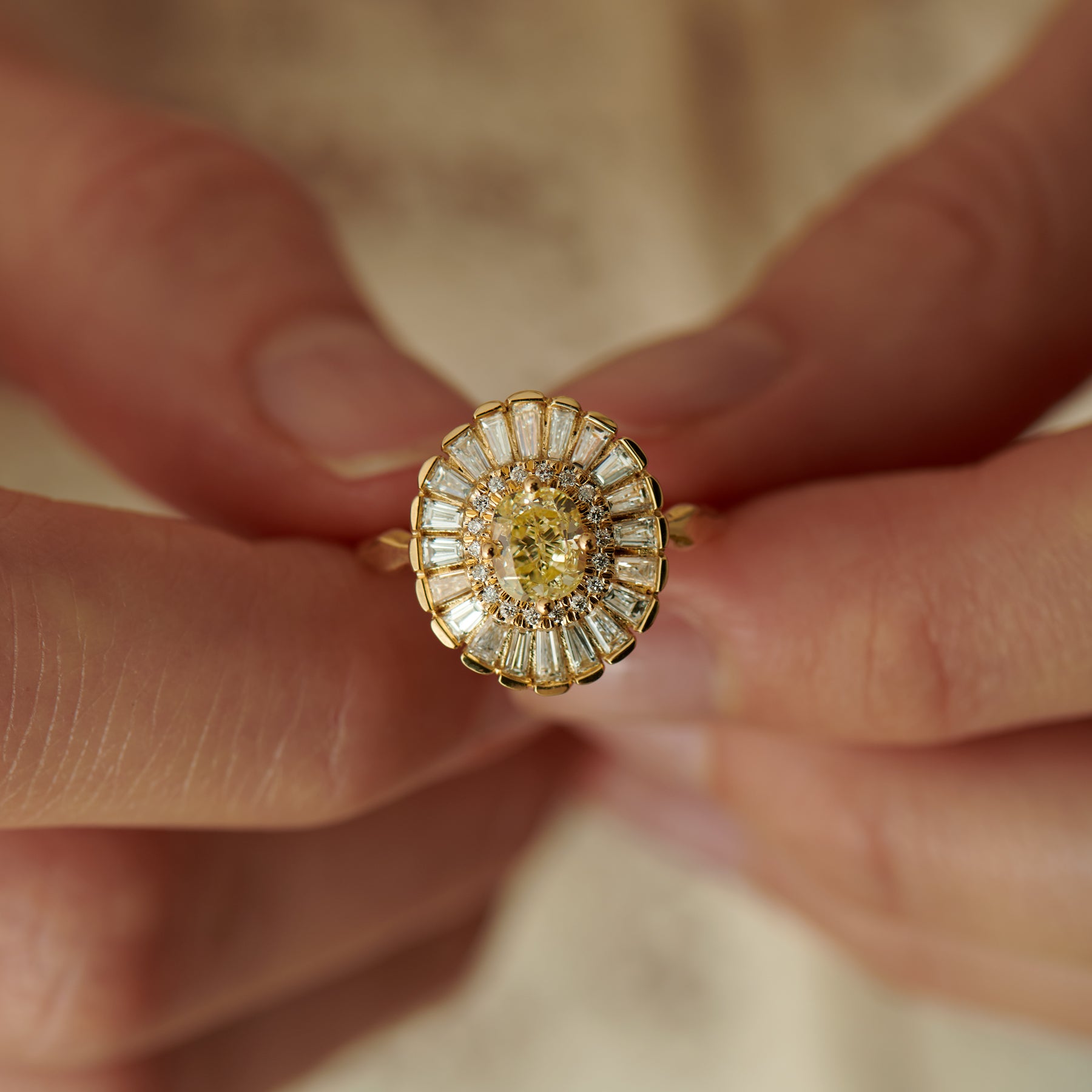 Daisy Engagement Ring Fancy Yellow Diamond and Baguette Diamond