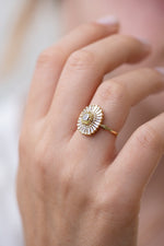 Daisy Engagement Ring - Fancy Yellow Diamond and Baguette Diamond Ring Side View on Hand Up Close