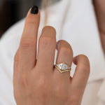 Deco Engagement Ring with Marquise Diamond on Hand front view in set 