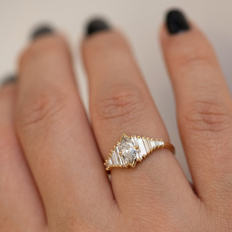 Deco Engagement Ring with Marquise Diamond on Hand side view 
