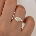 Deco Engagement Ring with Marquise Diamond on Hand up close detail shot 
