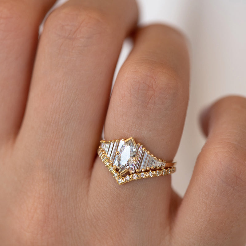 Deco Engagement Ring with Marquise Diamond on Hand in light in set 