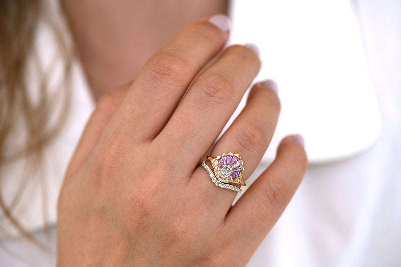 Deco Engagement Ring with Purple and Lilac Sapphires on hand in set front view 