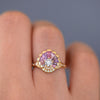 Deco Engagement Ring with Purple and Lilac Sapphires on Hand detail shot up close