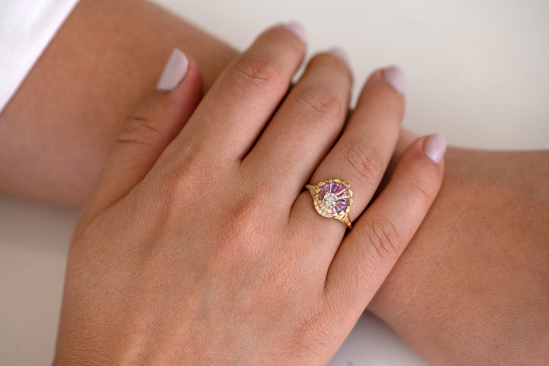 Deco Engagement Ring with Purple and Lilac Sapphires on Hand top down view 
