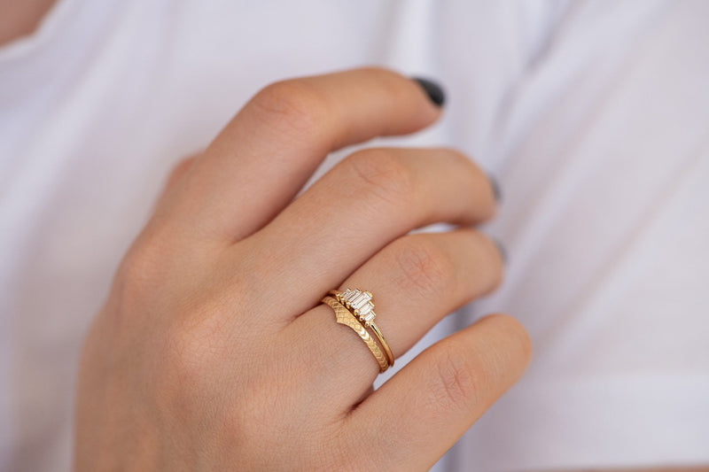 Delicate Wedding Band - Patterned Ring on Hand in set other angle 