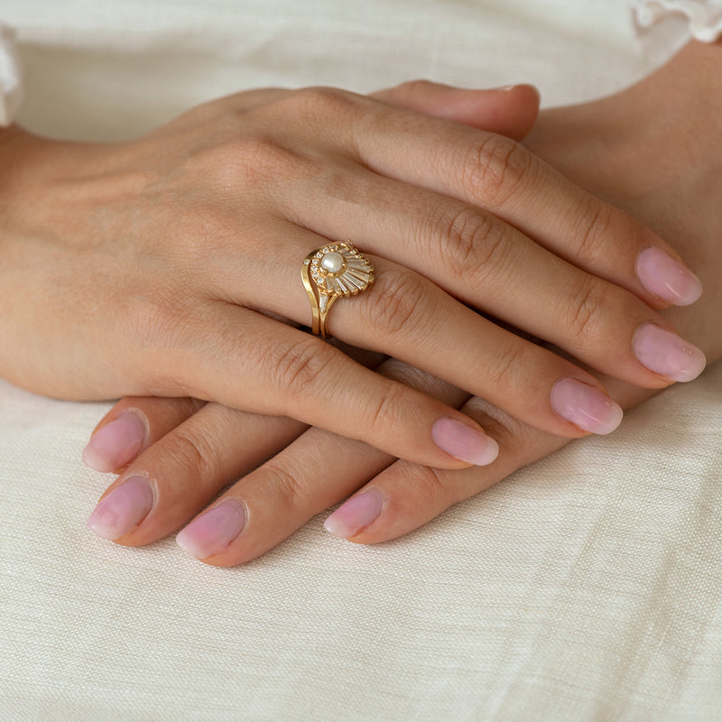 Diamond and Pearl Engagement Ring - Baguette Diamond Shell Ring5