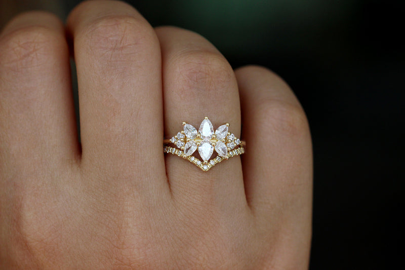 Diamond Cluster Engagement Ring Set - The Flora Ring Set on Hand Other Angle
