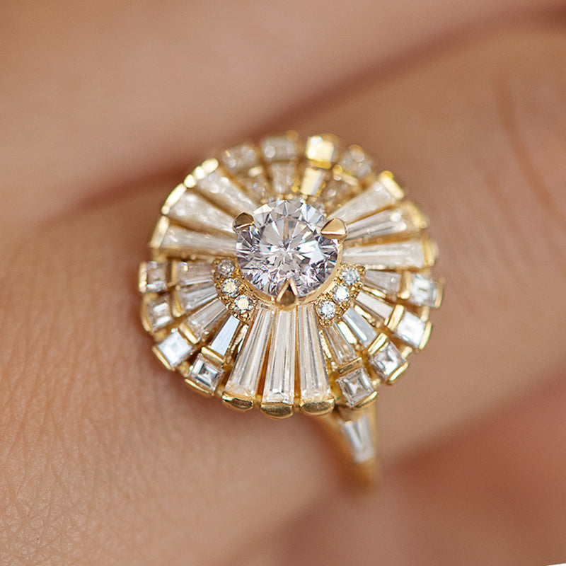 Diamond Snowflake Ring with Tapered Baguette Diamonds on Hand Detail Shot 