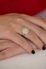 Diamond Snowflake Ring with Tapered Baguette Diamonds on Hand Frontal 