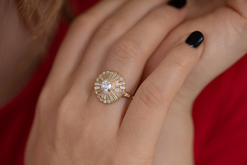 Diamond Snowflake Ring with Tapered Baguette Diamonds on Hand Other Detail Shot