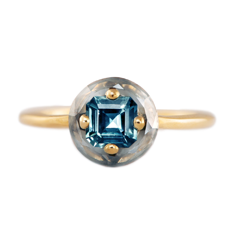 Diamond Sphere Ring with Asscher Cut Teal Sapphire - OOAK
