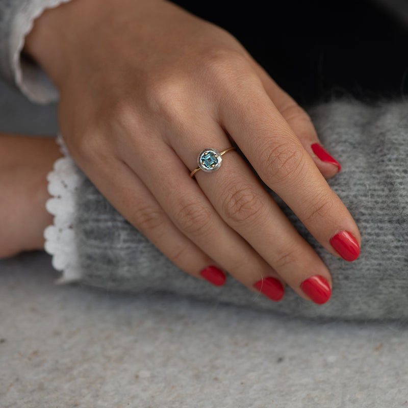 Diamond Sphere Ring with Asscher Cut Teal Sapphire - OOAK3