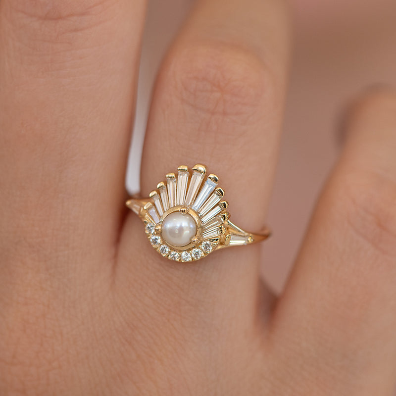 Diamond and Pearl Engagement Ring - Baguette Diamond Shell Ring on Hand Up Close 