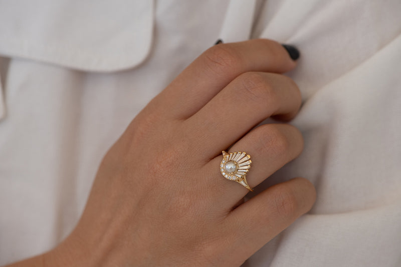 Diamond and Pearl Engagement Ring - Baguette Diamond Shell Ring on Hand in Shadow 
