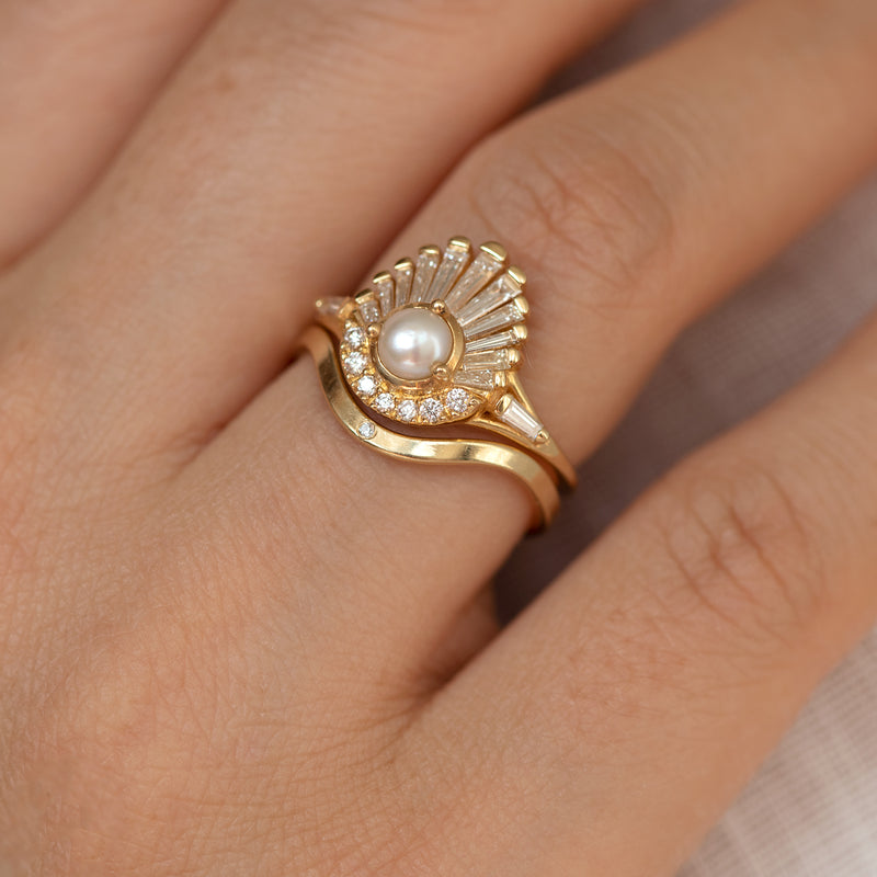 Diamond and Pearl Engagement Ring - Baguette Diamond Shell Ring3