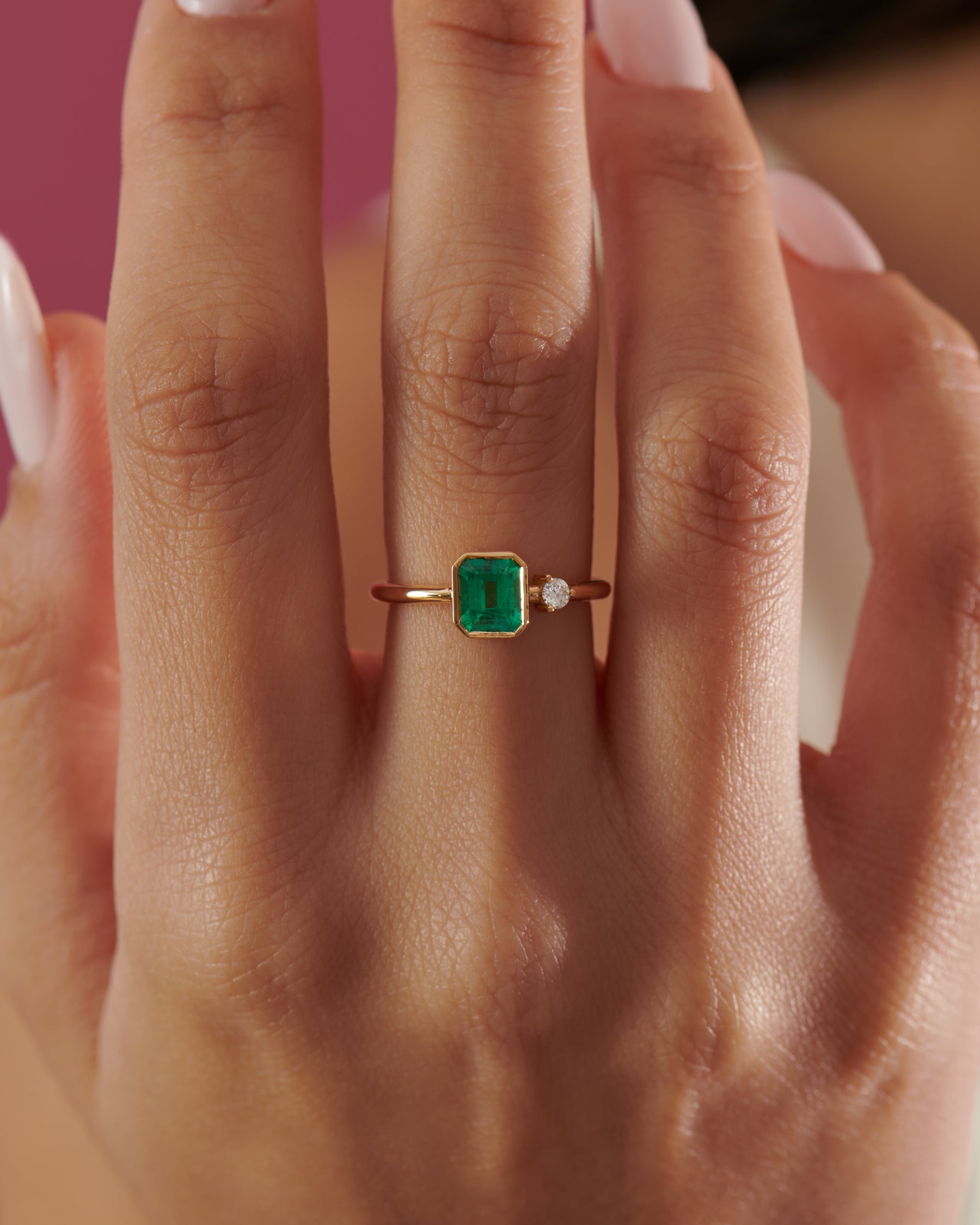 Emerald Engagement Ring with A Small Diamond - Asymmetric Emerald