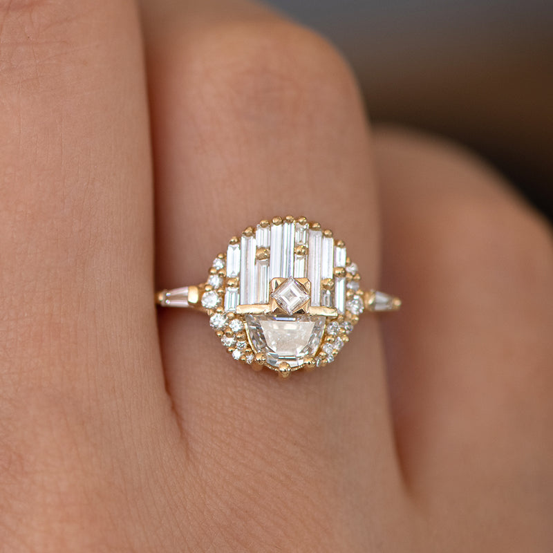 Engagement Ring with Half Moon Diamond - The Aztec Temple Ring on Hand-1