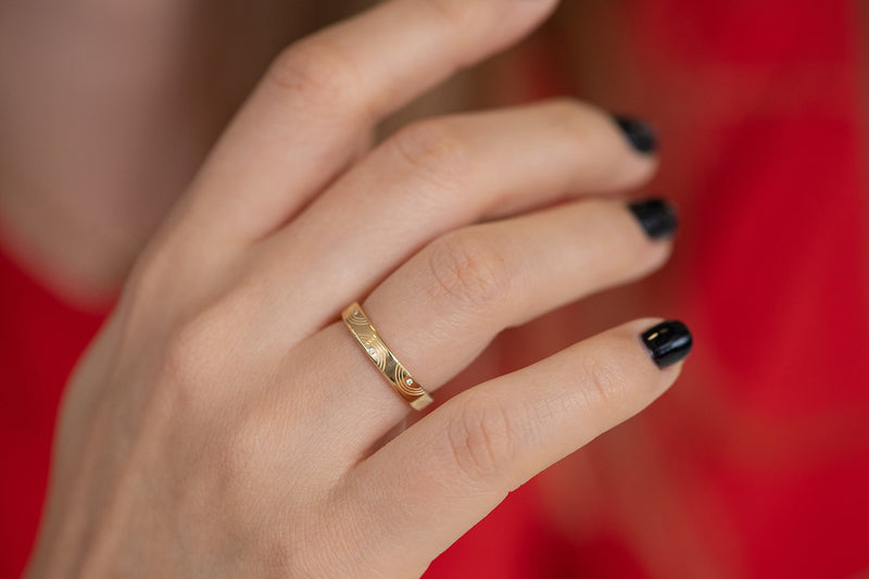 Engraved Diamond Ring - Wavy Wedding Band on Hand Side Angle 